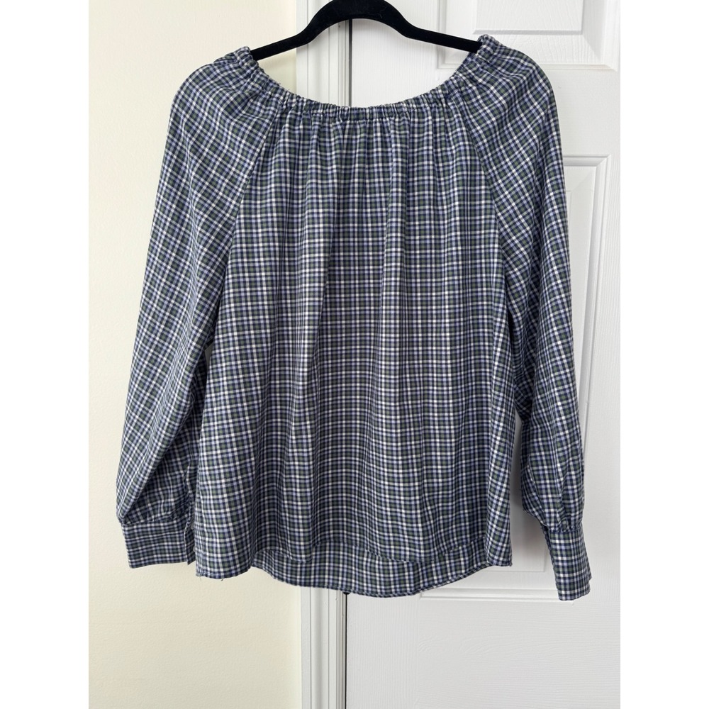 Loft Outlet Womens Medium Blue Green Plaid Long Sleeve Elastic Neck Blouse Top
